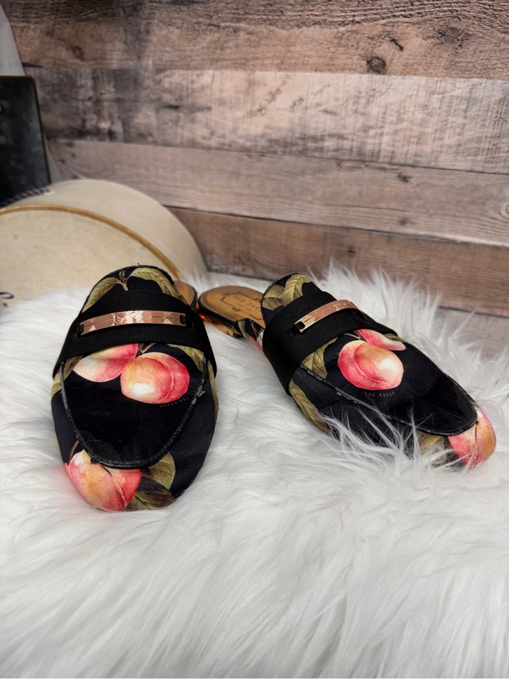 Ted Baker Black Satin w/ Peach Print Mule 39